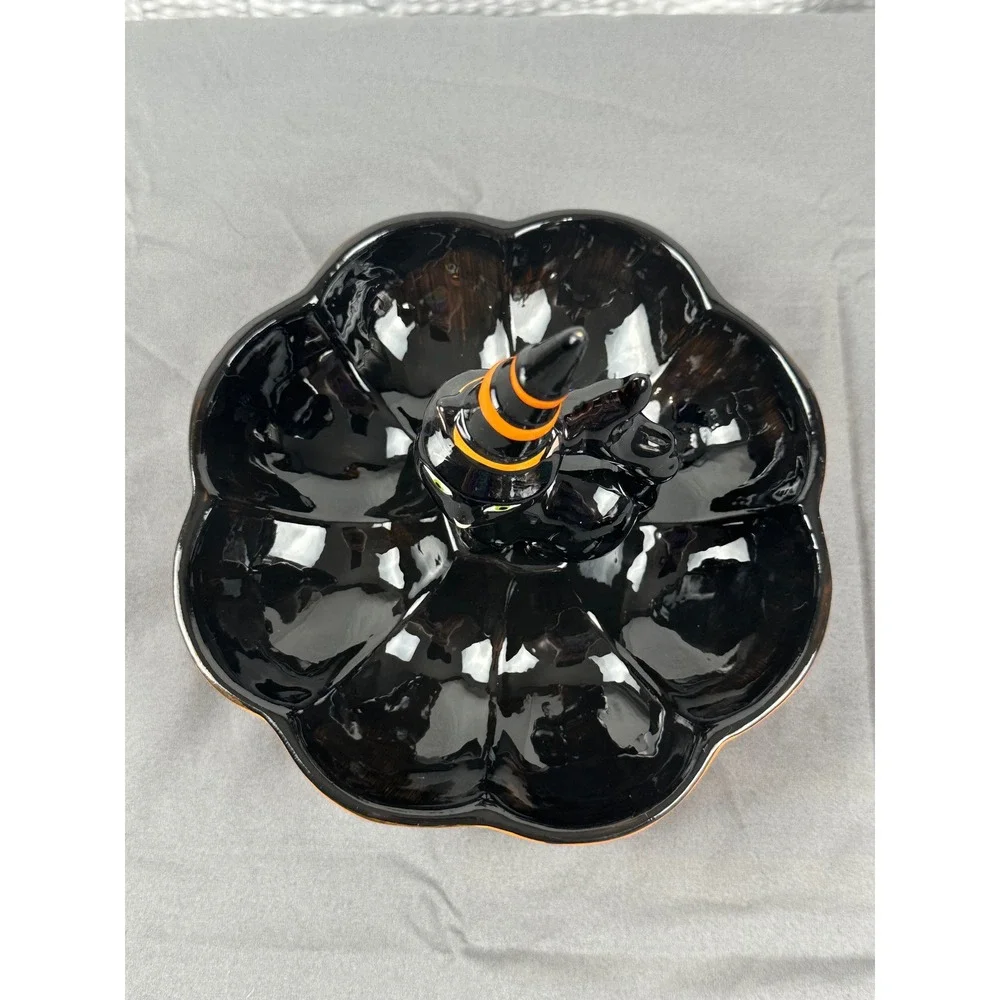 Halloween‎ Black Cat Candy Dish Divided Tray Witch Hat Serving Bowl